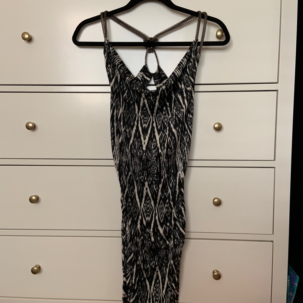 Cowl neck mini dress w/ geo snake pattern